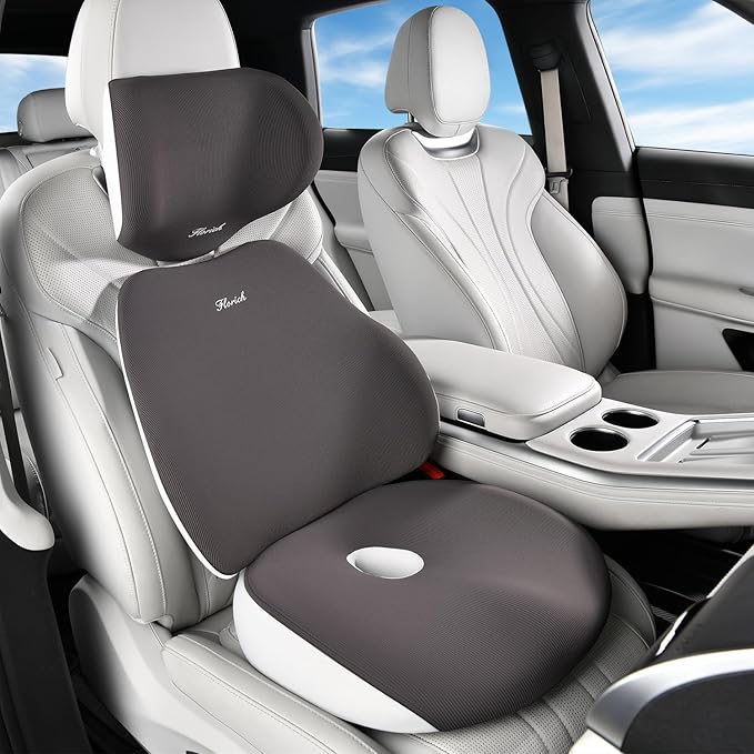 FLORICH Car Seat Cushion & Lumbar Support Pillow & Car Neck Pillow, Ergonomic Memory Foam Driving Seat Cushion for Back & Sciatica Pain Relief, Non-Slip Washable Cushion for Car, Driver, Office-Gray