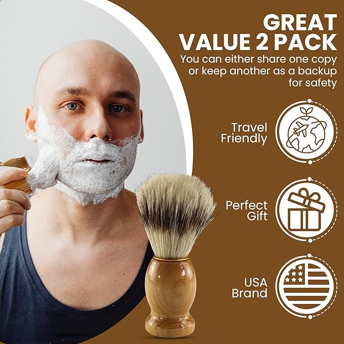 Iconikal 2-Pack Wood Handled Badger Hair Shaving Brush For Use With Aeorsol-Free Shaving Cream