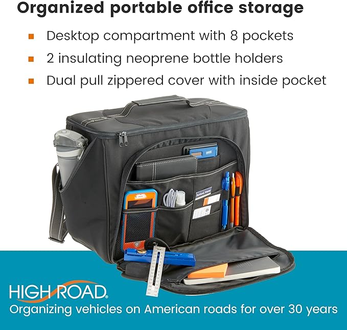High Road Car Office Organizer - Front Seat Organizer with Desk Supplies Compartment, Laptop Sleeve, 2 Bottle Holders, Storage Cover and Padded Shoulder Strap for Cars, Trucks and Patrol Vehicles
