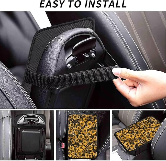 Car Center Console Cushion Pad Yellow Sunflower Universal Armrest Seat Box Cover Protector Cute Flower Floral Armrest Seat Box Cover Protector for Most Vehicle, SUV, Truck, Sedans