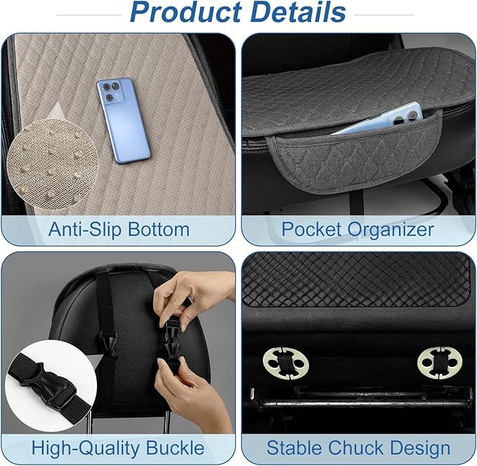 2 Pack Linen Front Car Seat Covers for Cars, Breathable Linen Car Seat Protector Fit Four Seasons, Non-Slip Car Seat Pad for Most Vehicles (2Pack Dark Grey)