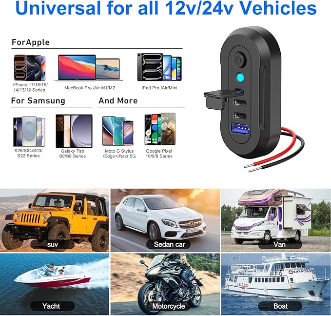 12V USB Outlet RV 3 Ports, Dual PD 30W and Quick Charge QC3.0 Car Socket Charger with Blue Indicator Light and Switch, Car USB Panel Wall Surface Mount Charging Accessories for Marine Bus Boat ATV