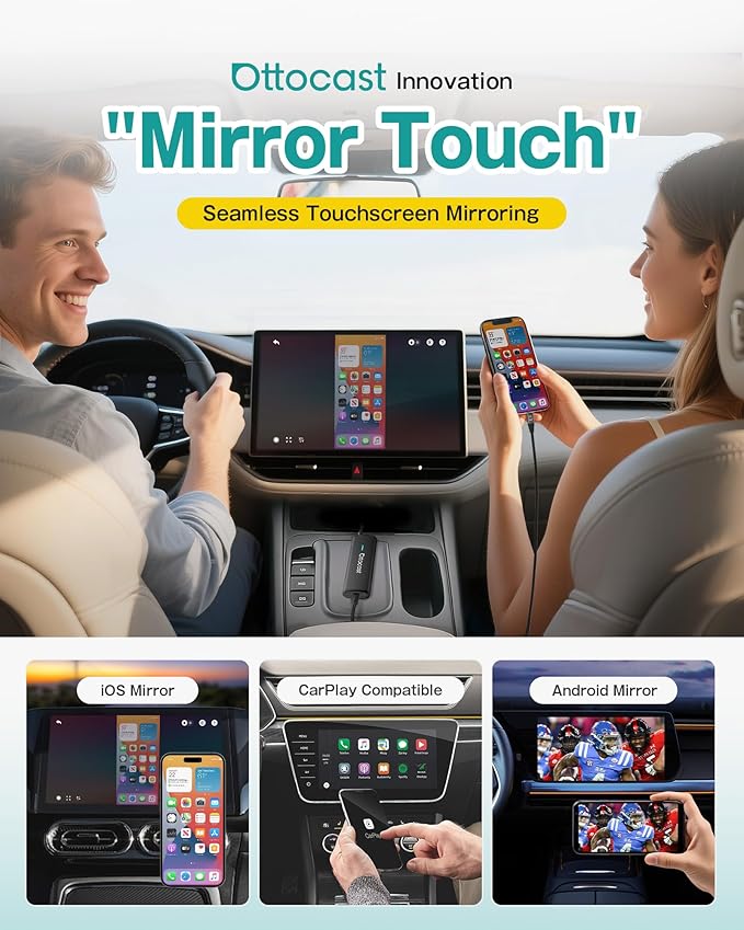 Ottocast Mirror Touch - Wireless CarPlay & Bi-Directional Phone Mirroring Adapter - Dual Mode, Plug & Play Upgrade for Factory Wired Cars (2016+)