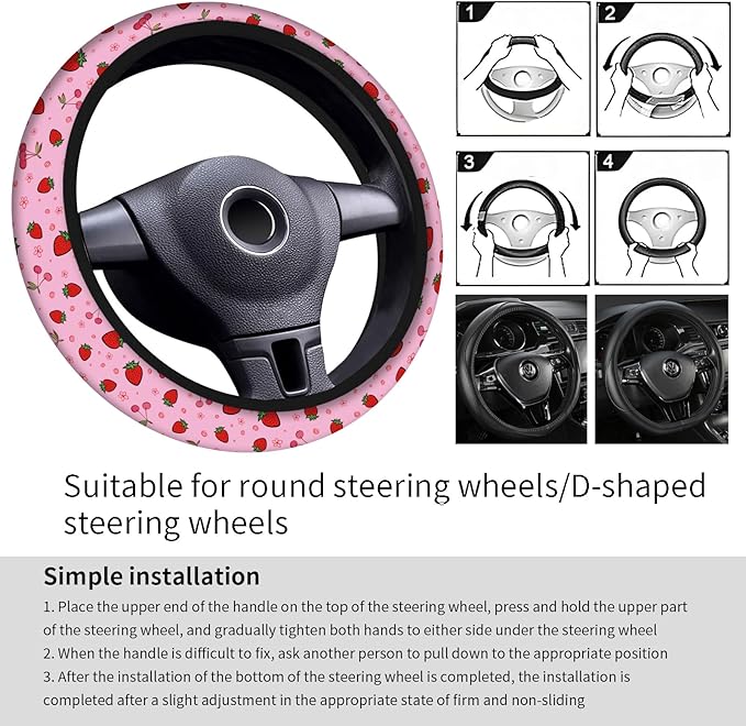 Car Steering Wheel Cover, Universal 15 Inch Neoprene Non-Slip Steering Wheel Covers, Funny Car Accessories for Women Men Fit Auto, Suvs, Truck Cute Pink Cherry Strawberry