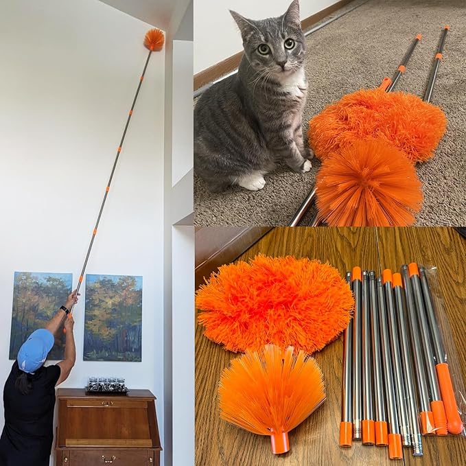 20+ Feet High Reach Dusting Kit, Cobweb Duster & Ceiling Fan Duster with 3-14 ft Extension Pole for Cleaning, Microfiber Feather Duster Cleaner for Cleaning Walls Bookshelves Furniture Door Window