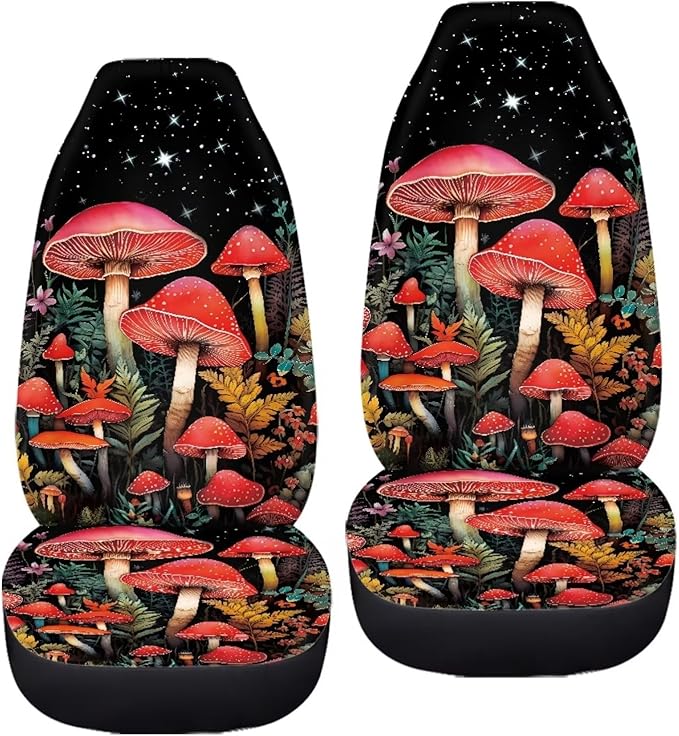 BIGCARJOB Mushroom Car Seat Cover Set for Women, Fantastic Print Auto Front Seat Protector Set of 2 Pcs, Vehicle Bucket Seat Pad, Car Accessories Gifts, Fit Most Vehicle, Cars, Sedan