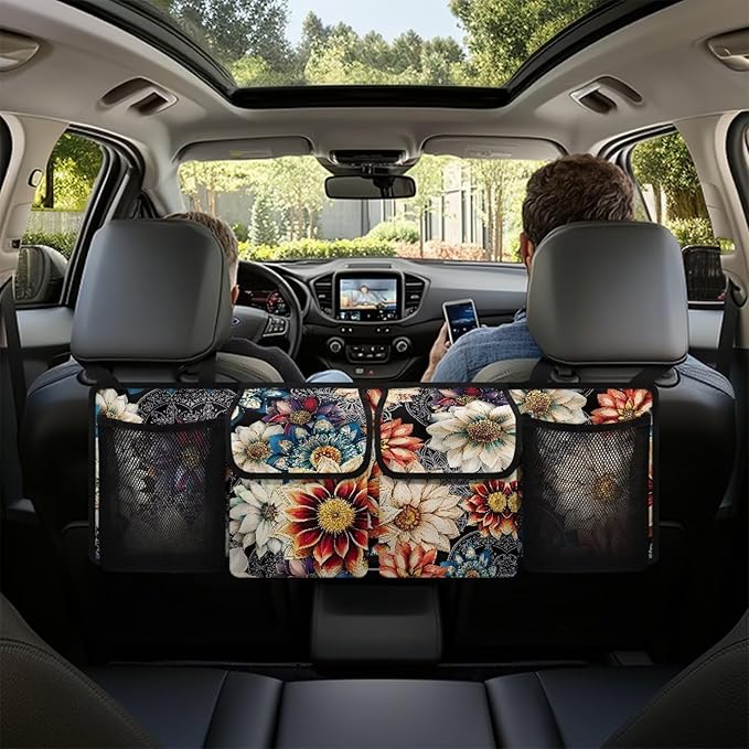 Boho Style Car Trunk Organizer Mandala Floral Flowers Collapsible Cargo Bag Backseat Car Organizer,Space Saving Expert