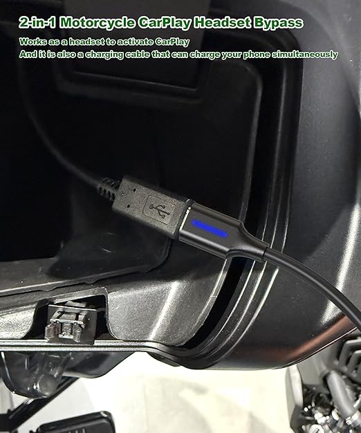 2-in-1 CarPlay Jumper Cable for Motorcycle, CarPlay Bluetooth Headset Bypass Adapter, Enable Mirroring on Harley/Indian/Goldwing Without Headset, USB-C to USB-C Support Charging,Black