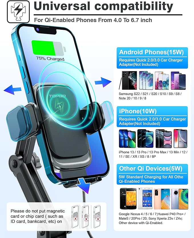 [Upgraded] TOPGO Cup Phone Mount Wireless Charger,Universal Cell Phone Holder Car Charger Wireless-Charger-Cup-Phone-Holder Fast Charging for iPhone16/16 Pro/16 Pro Max, Samsung Galaxy - Black