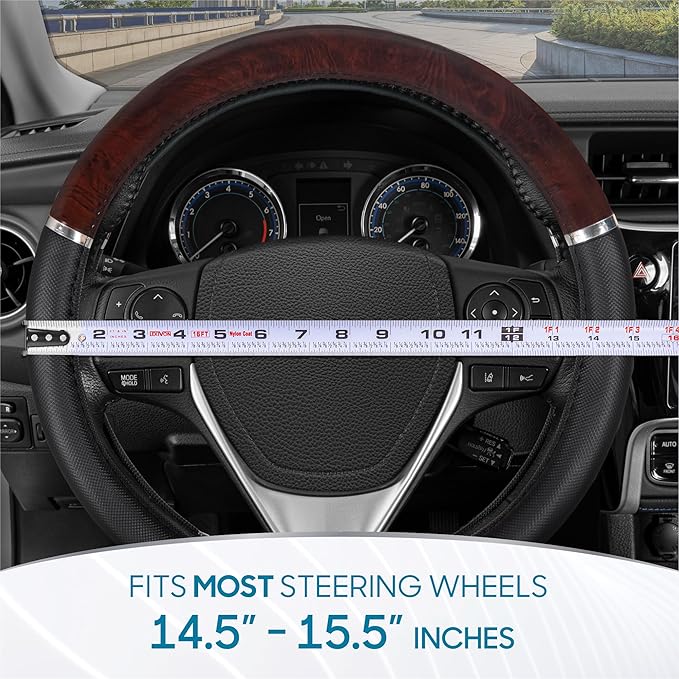 BDK Black Two-Tone 14.5-15 inch Woodgrain Pattern Dark Wood Steering Wheel Cover, 1 Pack