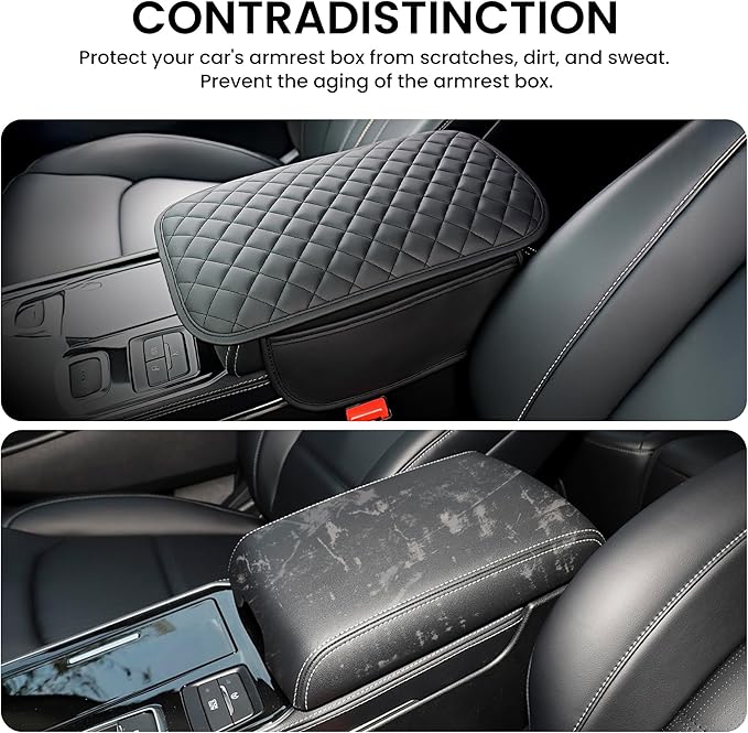 Extended Car Center Console Cover with 2 Storage, Microfiber Leather Car Armrest Cover Cushion For SUV Truck , Universal Car Accessories Memory Foam Comfort Stylish Leather Design (Black longer)