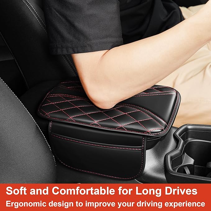 Center Console Cover Fit for Kia Sportage 2005-2025 with 2 Storage Bags Waterproof Leather Quilted Pattern Car Armrest Cover Cushion Anti - Slip(002#Black&Red Line)