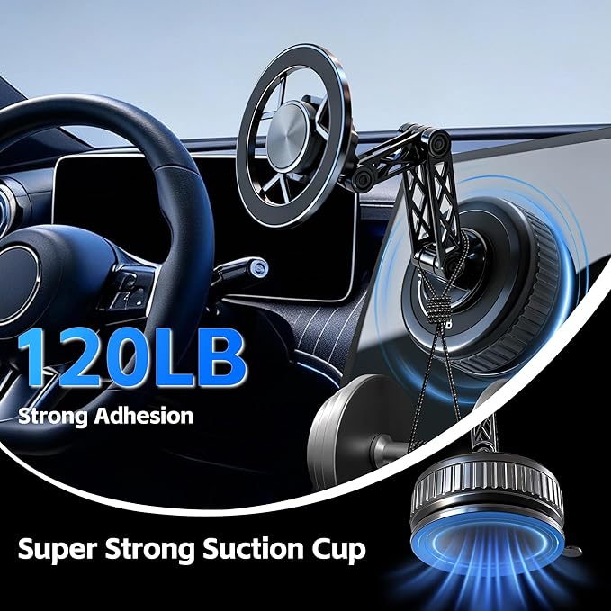 Car Phone Holder [120LBS Strongest Suction 2800gf Magnetic], 360° Adjustable for Magsafe Car Mount, Car Phone Mount for Cars/Gyms/Mirrors/Shower Stalls, Compatible with iPhone and Android Devices (6)