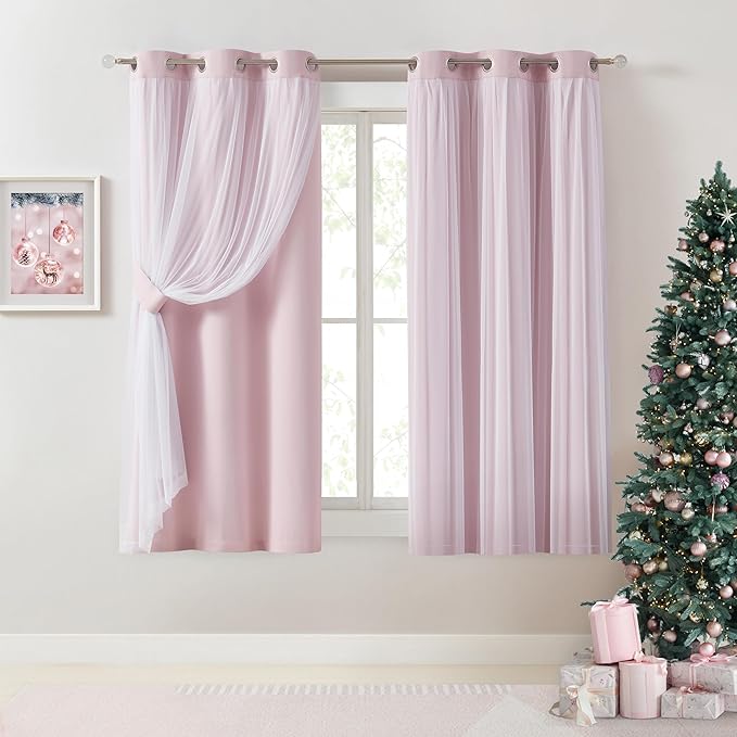 Bujasso Pink Blackout Curtains with Sheer Overlay Mix and Match Double Layer 80% Room Darkening Window Treatment Set for Girls Bedroom Living Room Pink Drapes with Tiebacks Grommet Top 37" Wx63 Lx2
