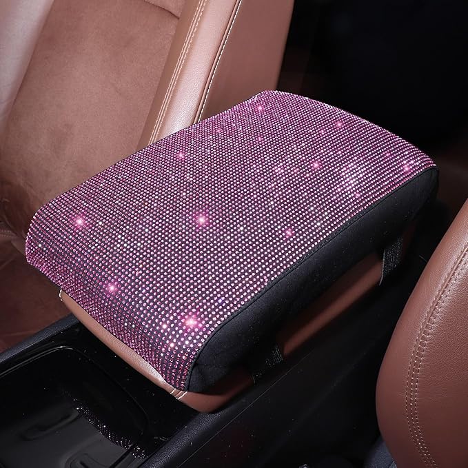 Pink Bling Car Armrest Cover with Memory Foam Cushion Pad & Rhinestones, Universal Diamond Center Console Cover for Cars, Bling Middle Console Cover, Bling Car Accessories for Women, Pink