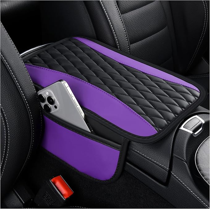 IHOTDER Patchwork Leather Center Console Covers for Cars,Upgraded Arm Rest Cover for Car with Side Storage Pocket for Car Seat Organizer,Middle Console Cover Stylish Car Decoration (Purple)