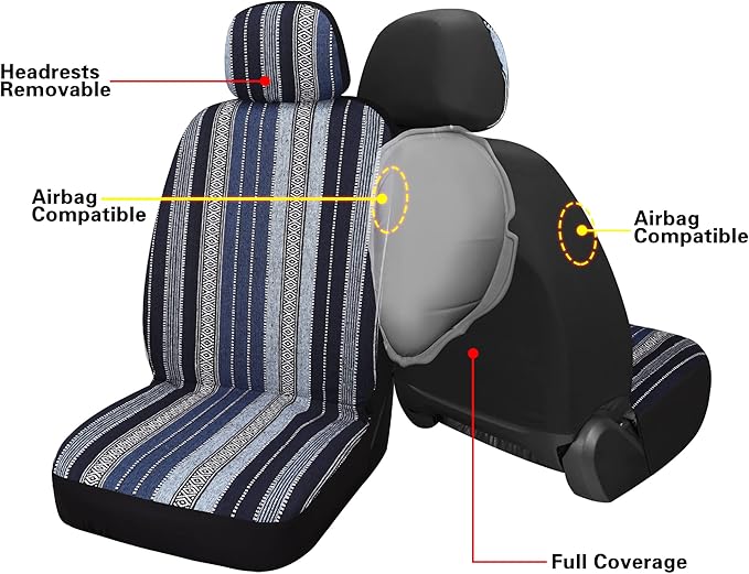 Pariitadin Baja Saddle Blanket Car Seat Covers Front Set with Seat Belt Pads, Washable Breathable Striped Woven Cloth Seat Covers for Cars, Universal Fit Most Cars, Airbag Compatible, Blue