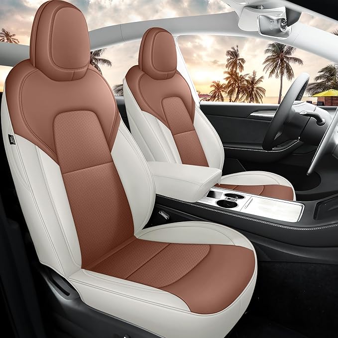 for Tesla Model Y Seat Covers 2020-2024 Nappa Leather Car Interior Seat Compatible with Airbag Cushion Cover 5 Seats (TY-Brown&Beige)
