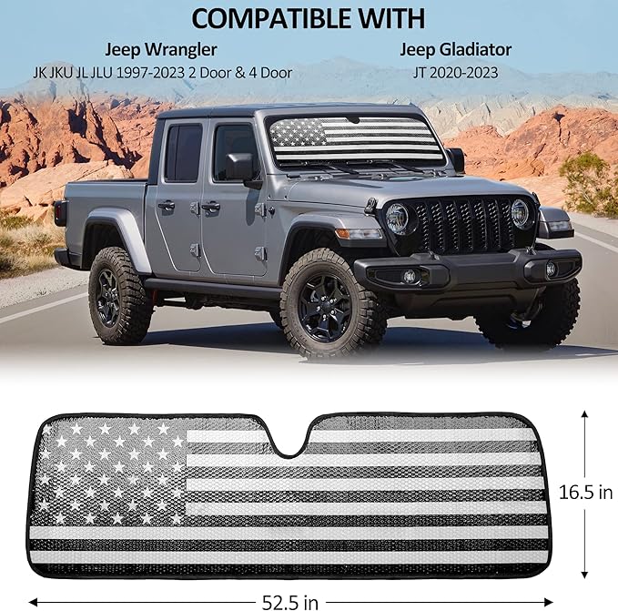Windshield Sun Shade Compatible with Jeep Wrangler JK JKU JL JLU 1997-2023 & Jeep Gladiator JT 2020-2023 16.5"x52.5" Folding Front Window Sun Shade for Car Accessories (American Flag)