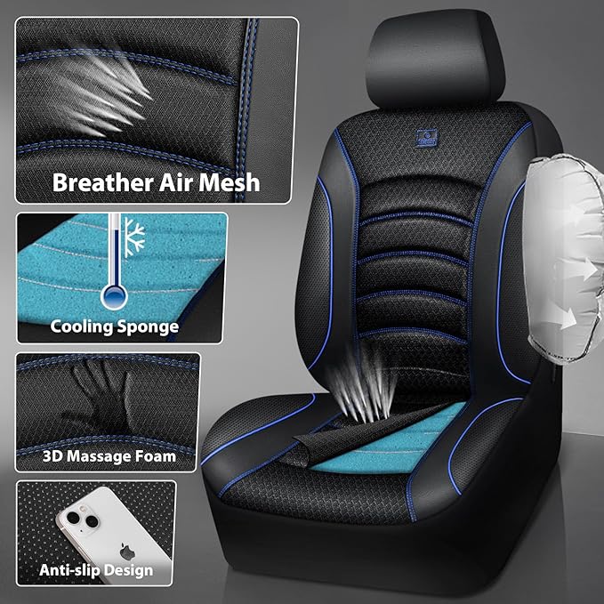 CAR PASS Comfortable 3D Foam Mesh Leather Car Seat Covers Front, Air Cool Mesh Breathable Front Seat Covers for Car, Universal Fit for SUV Truck Sedan Automotive, Airbag Compatible,Black Blue