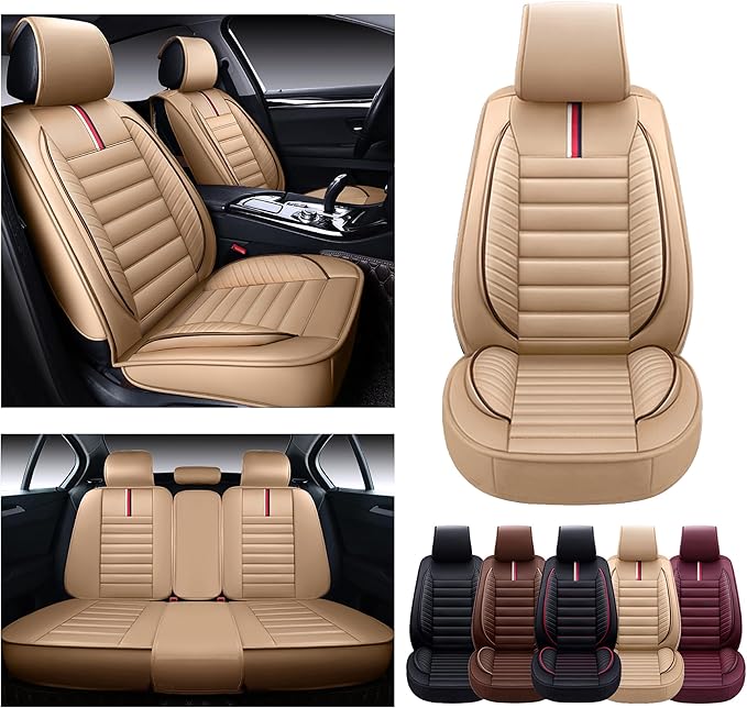 OASIS AUTO Car Seat Covers Full Set Premium Waterproof Faux Leather Cushion Universal Accessories Fit SUV Truck Sedan Automotive Vehicle Auto Interior Protector (OS-001 Tan)