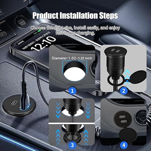 Dual Port USB C 2.0 Male to USB C 2.0 Female Extension Cable,Flush Mount Waterproof Panel Cable for Car,Truck,Boat,Motorcycle Dashboard 3.3ft