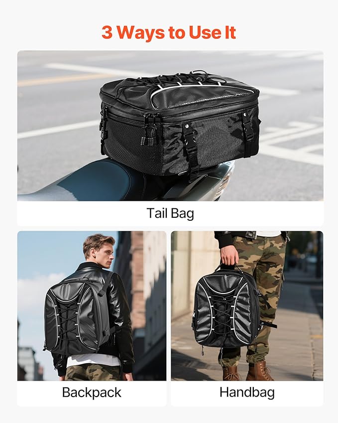 VEVOR Motorcycle Tail Bag, Dual Use Motorcycle Rear Seat Bag with Waterproof Rain Cover, 22-34 L Expandable Outdoor Sports Motorbike Luggage Storage Backpack Handbag with Straps
