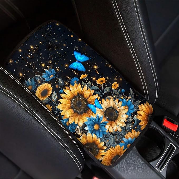 Dreaweet Car Center Console Cover Sunflower Butterfly Print Car Accessories for Women Universal Armrest Cover for Car Center Console,Car Armrest Seat Box Cover Protector,Black