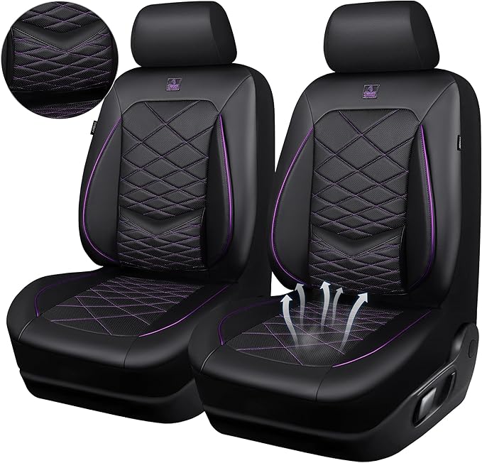 CAR PASS Luxury Nappa Leather Front Seat Covers, Water Resistant 3D Foam Seat Covers with Lumbar Support, Breathable Auto Seat Cover Airbag Compatible Universal Fit Sedan SUV Van Truck, Black Purple