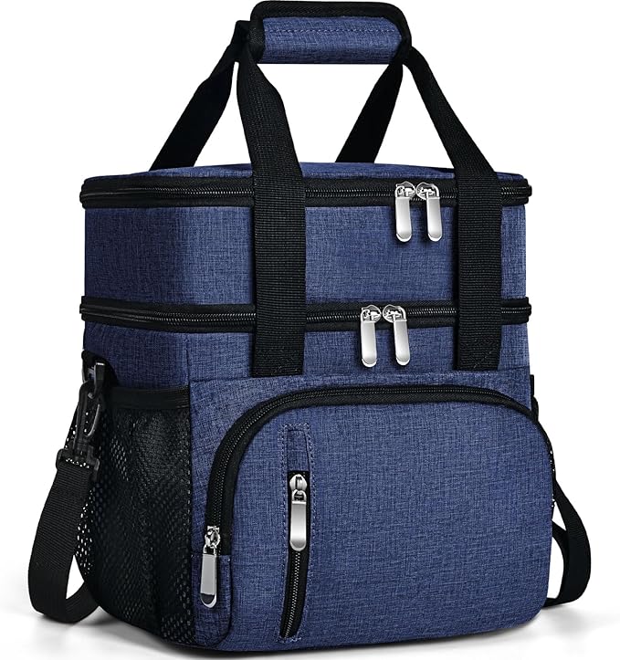 Insulated Lunch Bag for Men & Women, Double Leakproof Lunch Box Soft Cooler Tote with 5 Pockets, 600D Oxford, EVA Lining, Adjustable Strap for Work, Picnic, Beach&Travel-Navy Blue