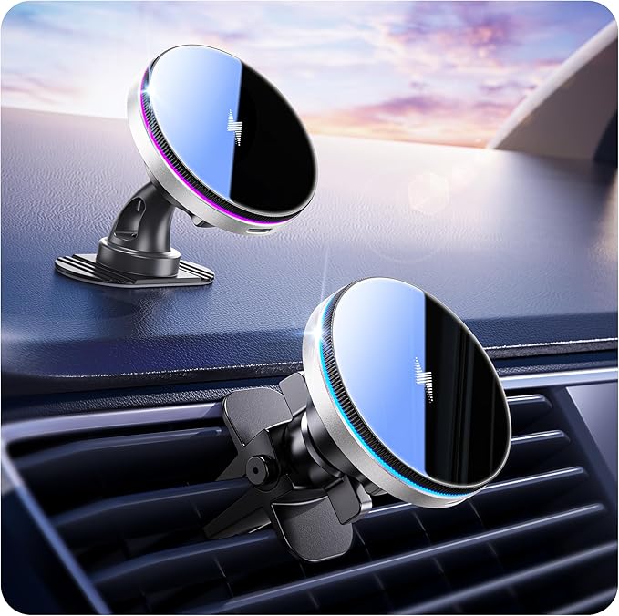 Beser for MagSafe Car Mount Charger, (4.13 lbf) Large Magnetic, 15W Qi Wireless Charger for Car, Vent/Dashboard, Phone Holder for iPhone 15/14/13/12 Series, 7 Color Lights, Aluminium, Silver
