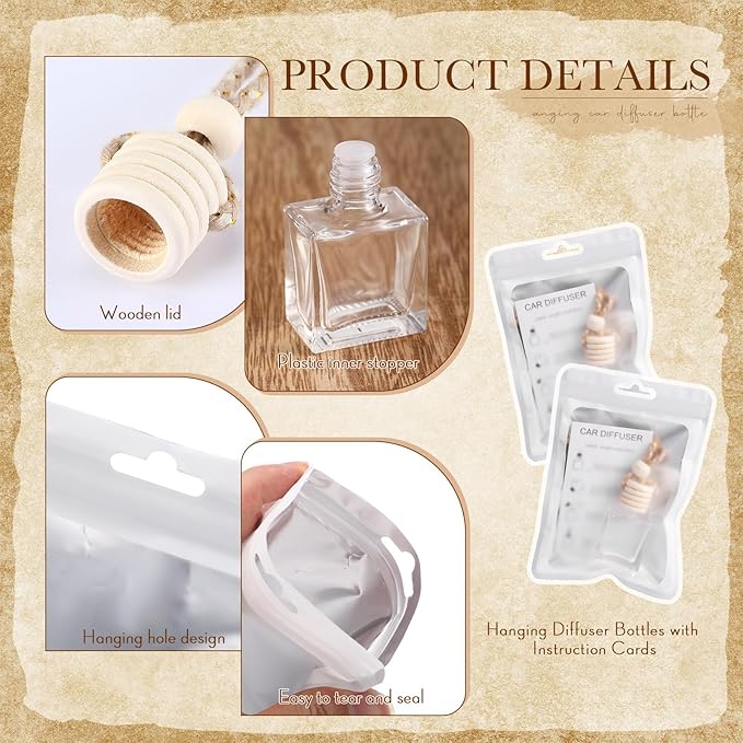 Boao 100 Sets Hanging Car Air Freshener Diffuser Bottles with Instruction Card and 4 x 6'' Resealable Holographic Bag for Empty Car Essential Oil Perfume Bottles Packaging (Cube)