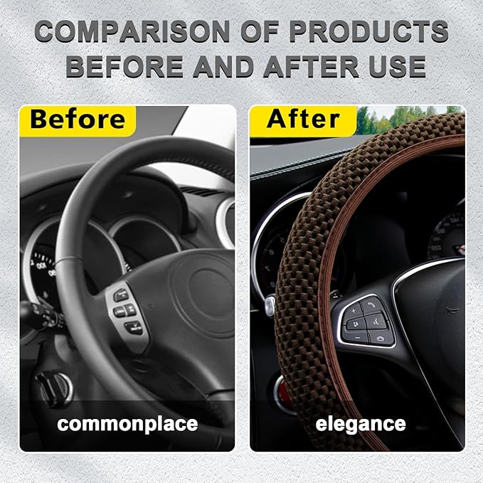 Kewucn Car Elastic Stretch Steering Wheel Cover, Soft Microfiber Breathable Ice Silk, Universal 15 Inch Anti-Slip Auto Steering Wheel Protector, Fit Car, SUV, Van, Sedan, Truck (Brown)