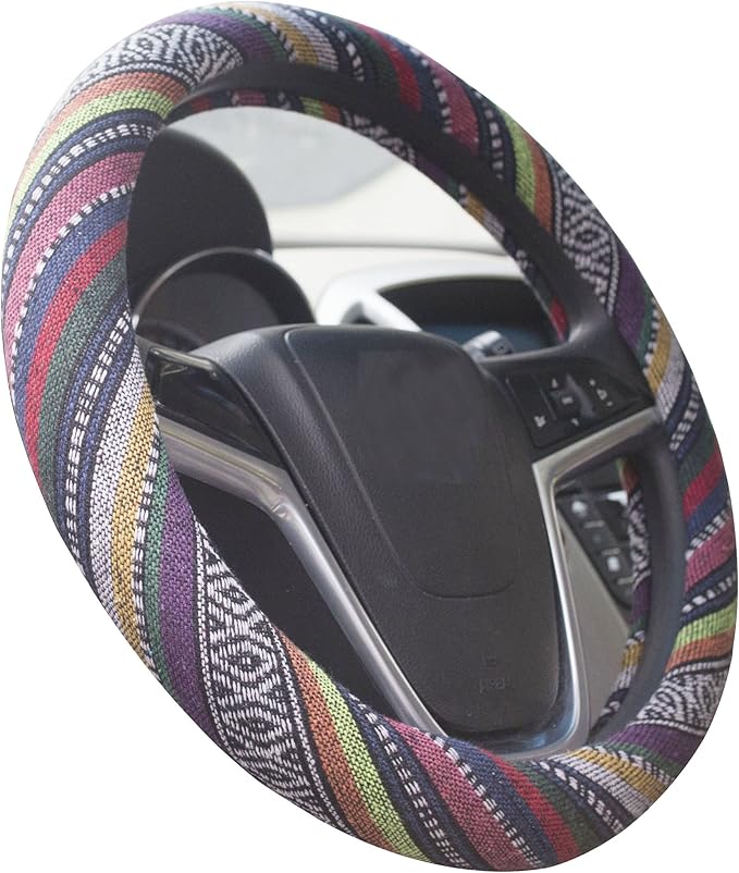 Ethnic Style Coarse Flax Cloth Automotive Steering Wheel Cover Anti Slip and Sweat Absorption Auto Car Wrap Cover (B, 15.25''-16'')