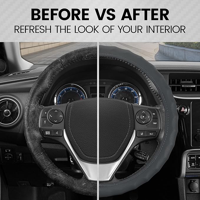 BDK SW-899-MG Genuine Leather Car Steering Wheel Cover 14.5-15 inch Medium/Gray, Easy Installation