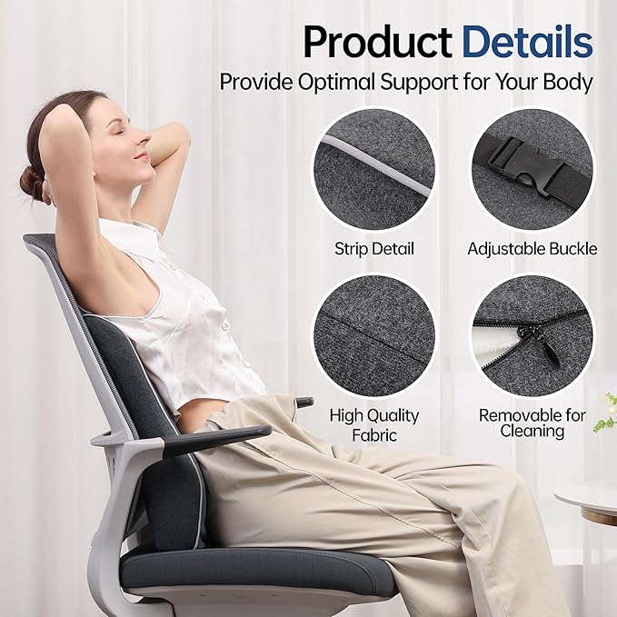 Lumbar Support Pillow for Office Chair, Back Support Pillow with Memory Foam, Relieves Back Pain, Removable Washable Cover & Adjustable Strap, for Car/Gaming Chair,Gift-Dark Grey