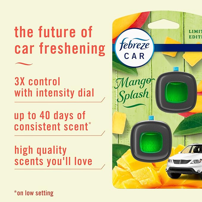 Febreze Car Air Freshener Vent Clip Multipack Mango Splash Scent, Long Lasting Smell Fighter for Strong Odors Car Febreze Clip Automotive Vent Air Freshener 4 Count