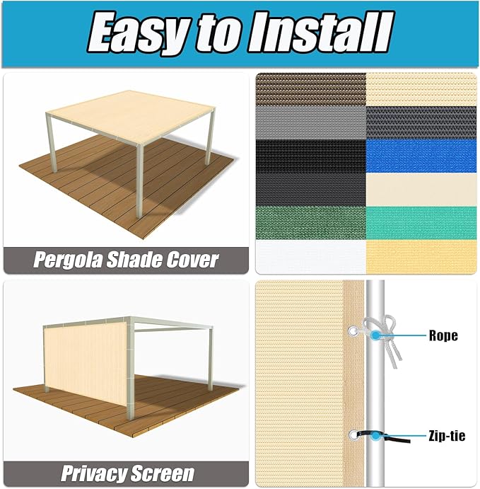 Amagenix 90% Pergola Shade Cover 6' X 9' Sun Shade Cloth with Grommets for Outdoor Garden Patio Porch, Commercial Grade 200 GSM - Cable Zip Ties Included (We Customized) GN108, Wheat