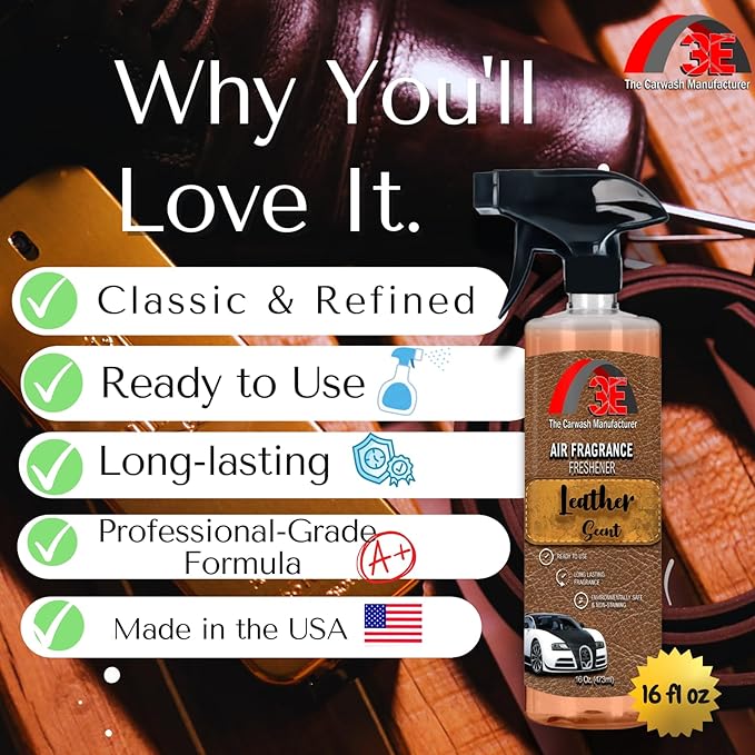 Leather Scent Air Freshener & Odor Eliminator, Premium Long-Lasting Fresh Leather Smell for Cars, Trucks, SUVs, RVs & More, Nonstaining - 16 fl oz