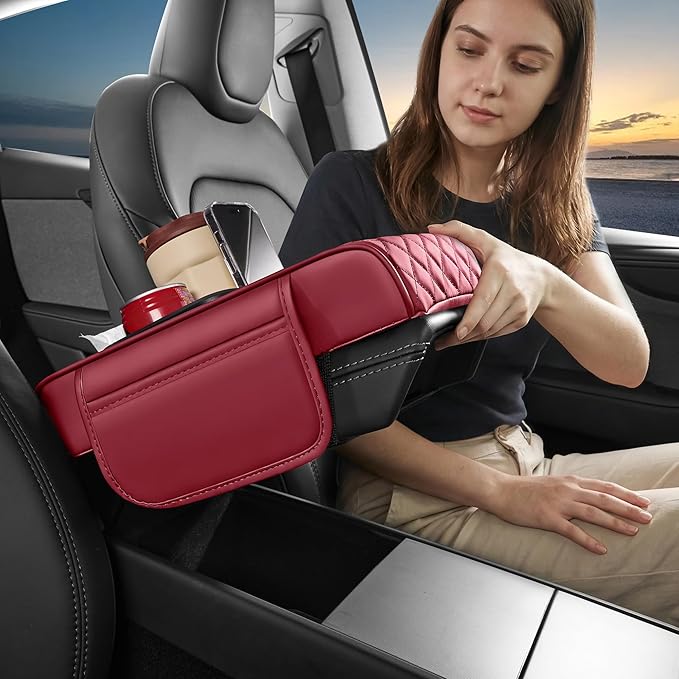 5 in 1 Car Center Console Cover, Armrest Pad with 2 Storage Pockets, Cup Holder, Tissue Box Slot, Phone Holder, Universal Car Interior Organizer (Burgundy)