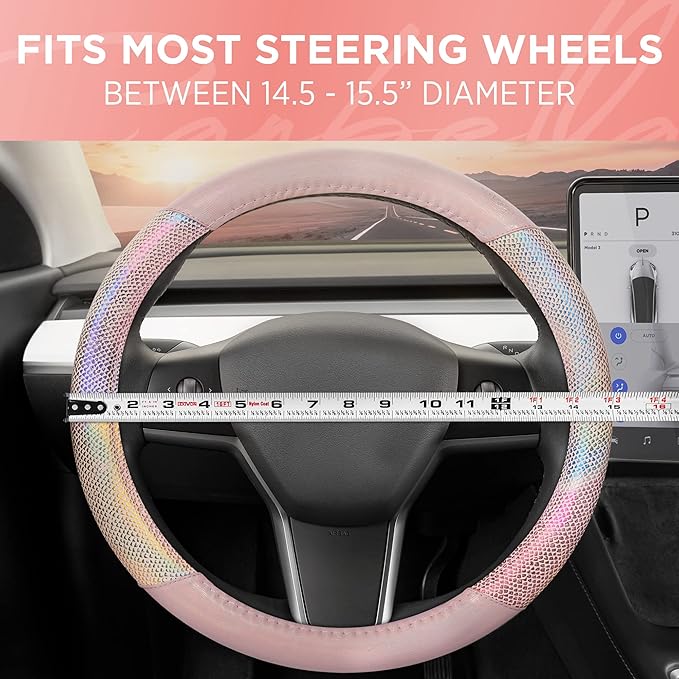 Carbella Mermaid Rainbow Steering Wheel Cover, Standard 15 Inch Size Fits Most Vehicles, Cute Shiny Multicolor Steering Cover for Car Truck Van SUV, Car Accessories for Women