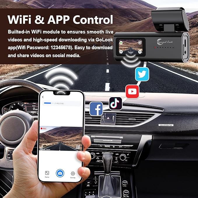 2K Front Dash Cam with WiFi, Diamond Lark 1440P Dash Camera for Cars with Free 32GB Card, Dashboard Dashcam, 1.47” LCD Screen, 170°Wide Angle, 24H Parking Mode, Night Vision, Detachable Bracket