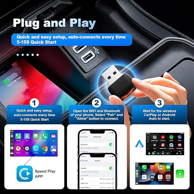 2 in 1 Mini Android Auto and Wireless CarPlay Adapter Convert Factory Wired to Wireless Dongle, Compact Size USB CarPlay Wireless Stick AAndroid Auto Adapter for iOS 12+/Android No Delay