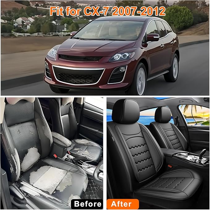 CX-7 Car Seat Covers Custom Fit for Mazda CX-7 2007-2012, Full Coverage Premium Leather Waterproof Breathable Seat Covers Automotive Seat Protectors, Airbag Compatible(Full Set, Seats, Black)