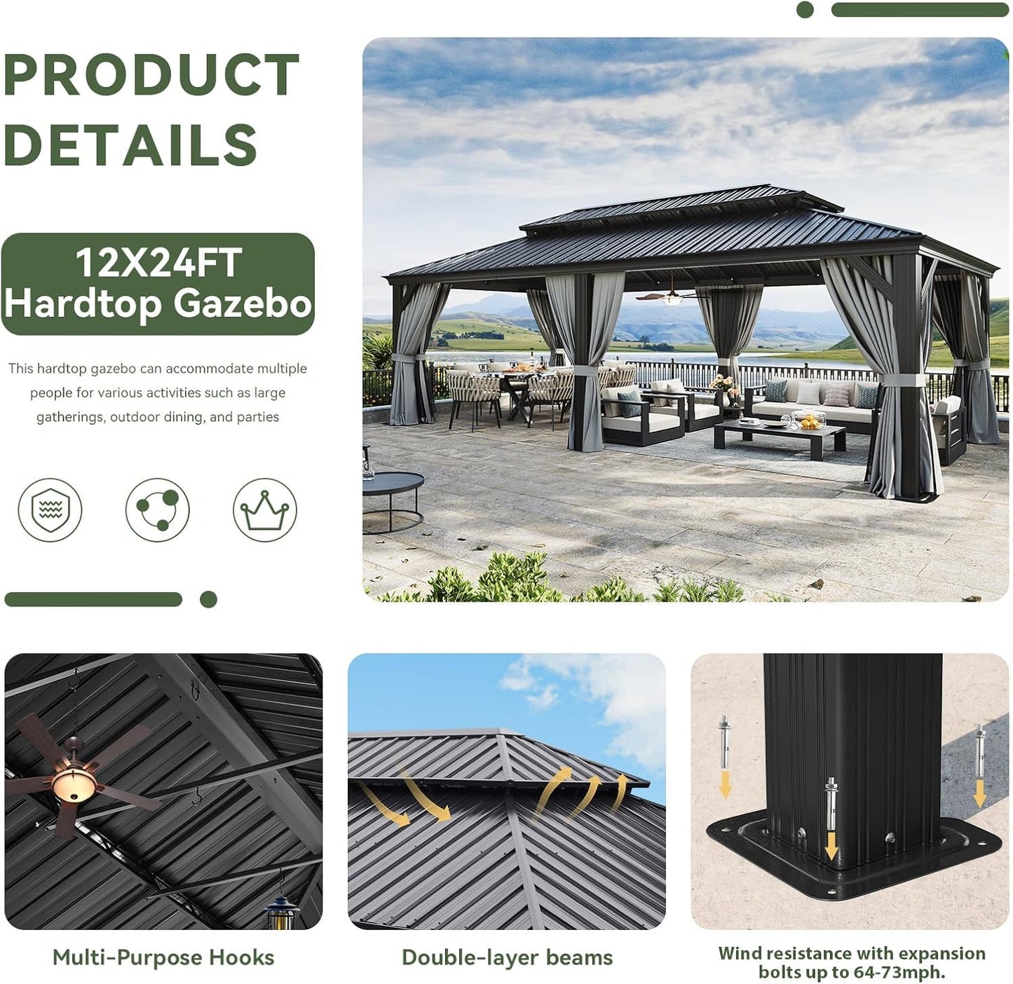 Aoxun 12' X 24' Hardtop Gazebo with Drainage System, Aluminum Outdoor Gazebo with Galvanized Steel Double Roof, Patio Permanent Metal Pavilion with Netting, for Garden, Deck, Grey