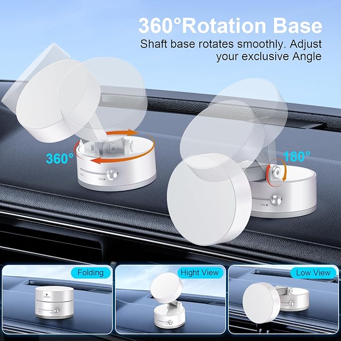 OOCC Vacuum Magnetic Phone Holders for Your Car, 360°Rotating Adjustable Magsafe Car Phone Mount, Foldable Magnetic Car Phone Holder for All Smartphones & All Car Models, White