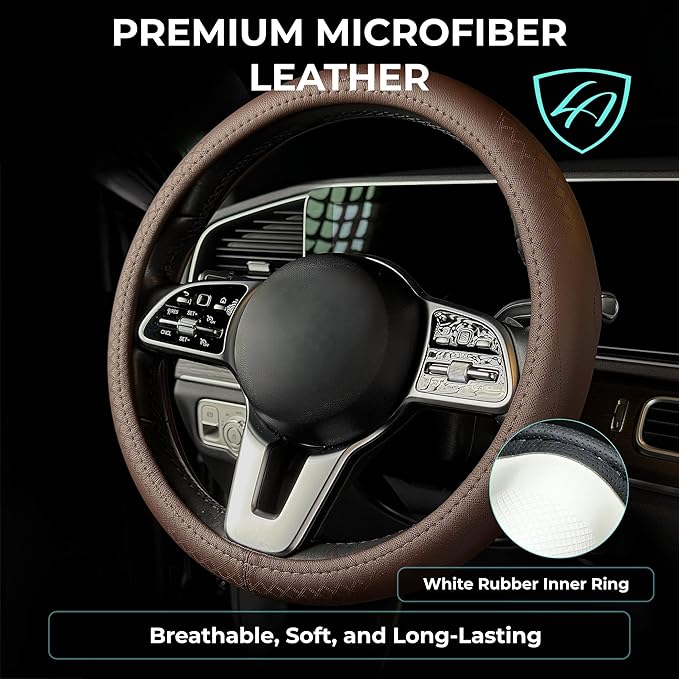 Lord Autofashion Steering Wheel Cover – PU Leather, Non-Slip Rubber Inner, All-Season Comfort – 14.5–15 Inch (Brown 9283)