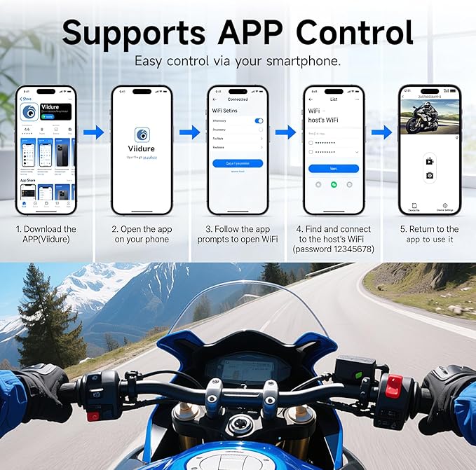 Motorcycle Dash Cam Front and Rear, Dual 1080p Dash Cam for Motorcycle with 64GB SD Card IP67 Waterproof, Loop Recording 24H Parking Monitor Night Vision with App Control Max Support 128 GB