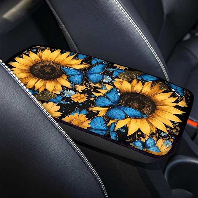 Dreaweet Car Center Console Cover Blue Butterfly Sunflower Print Arm Rest Cover for Car Women Universal Car Accessories Interior Soft Anti Scratch Car Armrest Storage Box Mat