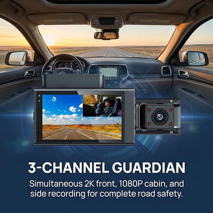 3 Channel Dash Cam 4K+1080P+1080P, 3 Inch IPS Screen, 5.8GHz/2.4G Dual Band WiFi Dash Camera for Cars, 20MB/s Fast Download, Built-in GPS, WDR Night Vision, 170° Wide Angle, G-Sensor, Loop Recording